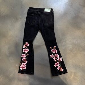 Off-White Black Jeans with Pink Floral Embroidery